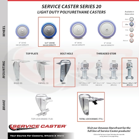Service Caster 3.5 Inch SS Blue Poly 10mm Threaded Stem Caster Total Lock Brake SCC, 2PK SSTSTTL20S3514-PPUB-BLUE-M1015-2-S-2